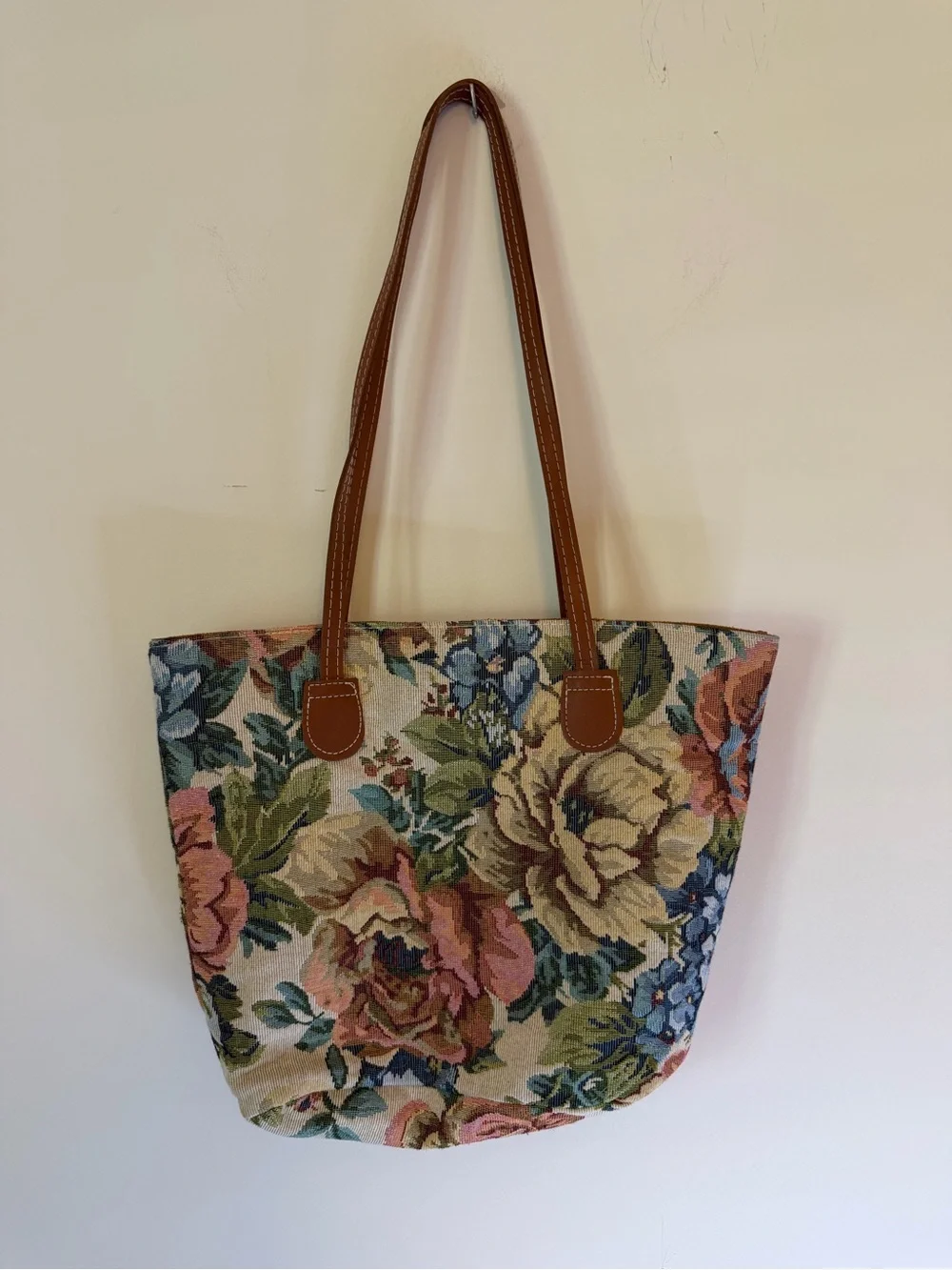 Floral Tapestry Tote Bag with Brown Handles cottagecore vibes